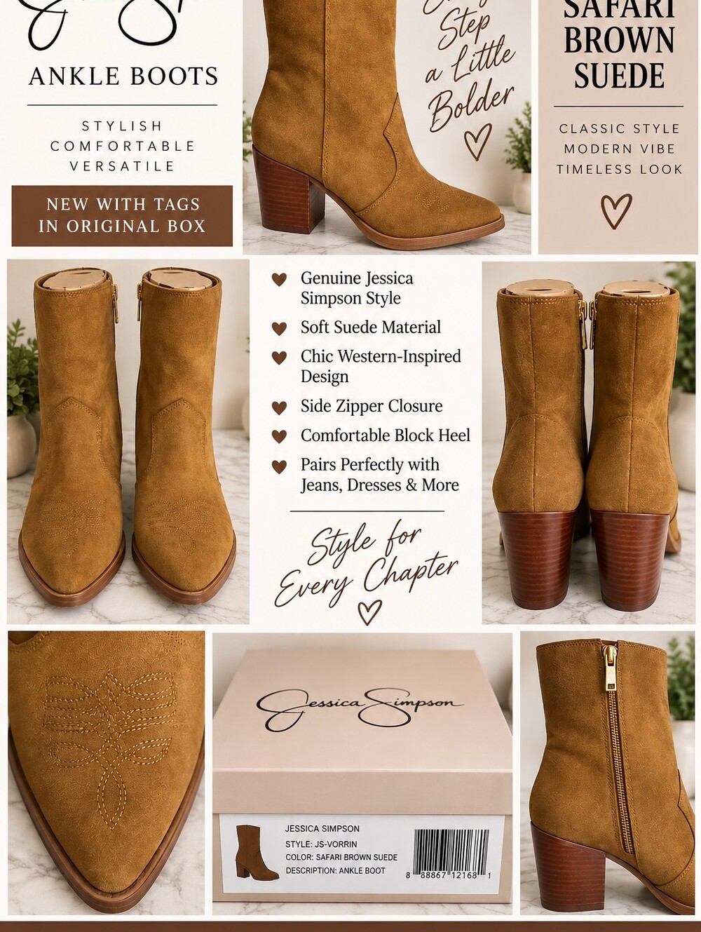 Jessica Simpson Safari Brown Micro Suede Mid-Heel Ankle Booties NIB